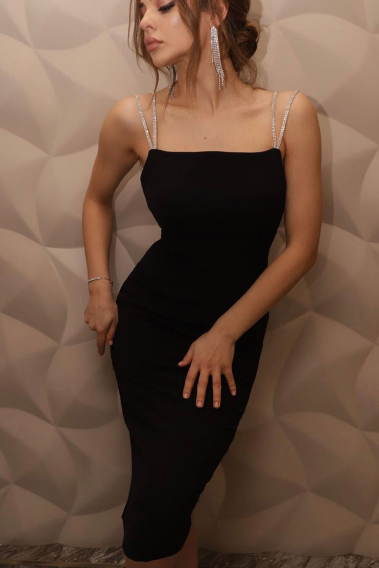 Backless Rhinestone Sparkly Backless Rhinestone Chain Bandage Cocktail Midi Dress - Black ...