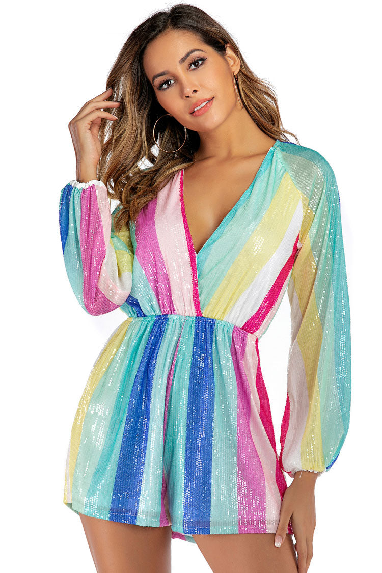 Sparkly Deep V Bishop Sleeve Rainbow Striped Sequin Romper Dress - Multicolor