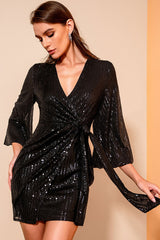 Sparkly Deep V Bishop Sleeve Tie Waist Bodycon Sequin Party Mini Dress - Black