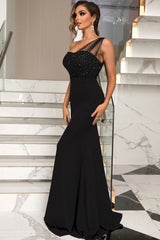 Sparkly Draped Tulle One Shoulder Fishtail Evening Maxi Dress - Black