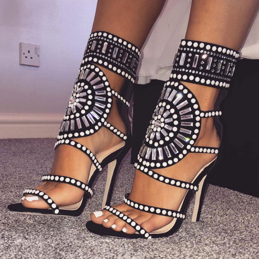 Embellished Cut Out Open Toe High Heel Sandals - Black