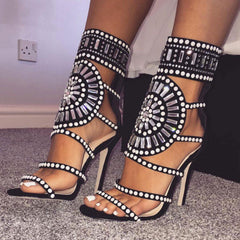 Embellished Cut Out Open Toe High Heel Sandals - Black