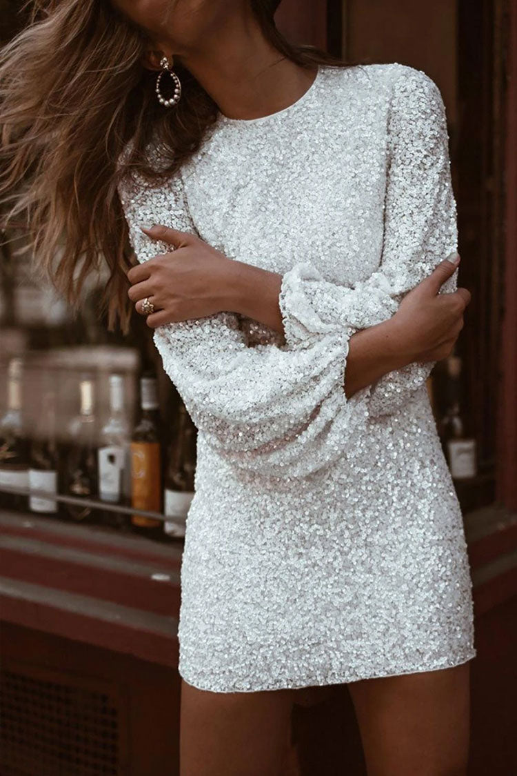 Sparkly Long Sleeve Round Neck Sequin Mini Dress - White