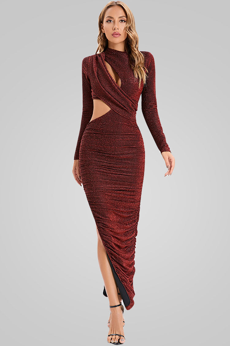 Sparkly Long Sleeve Ruched Cutout Split Formal Maxi Dress - Burgundy