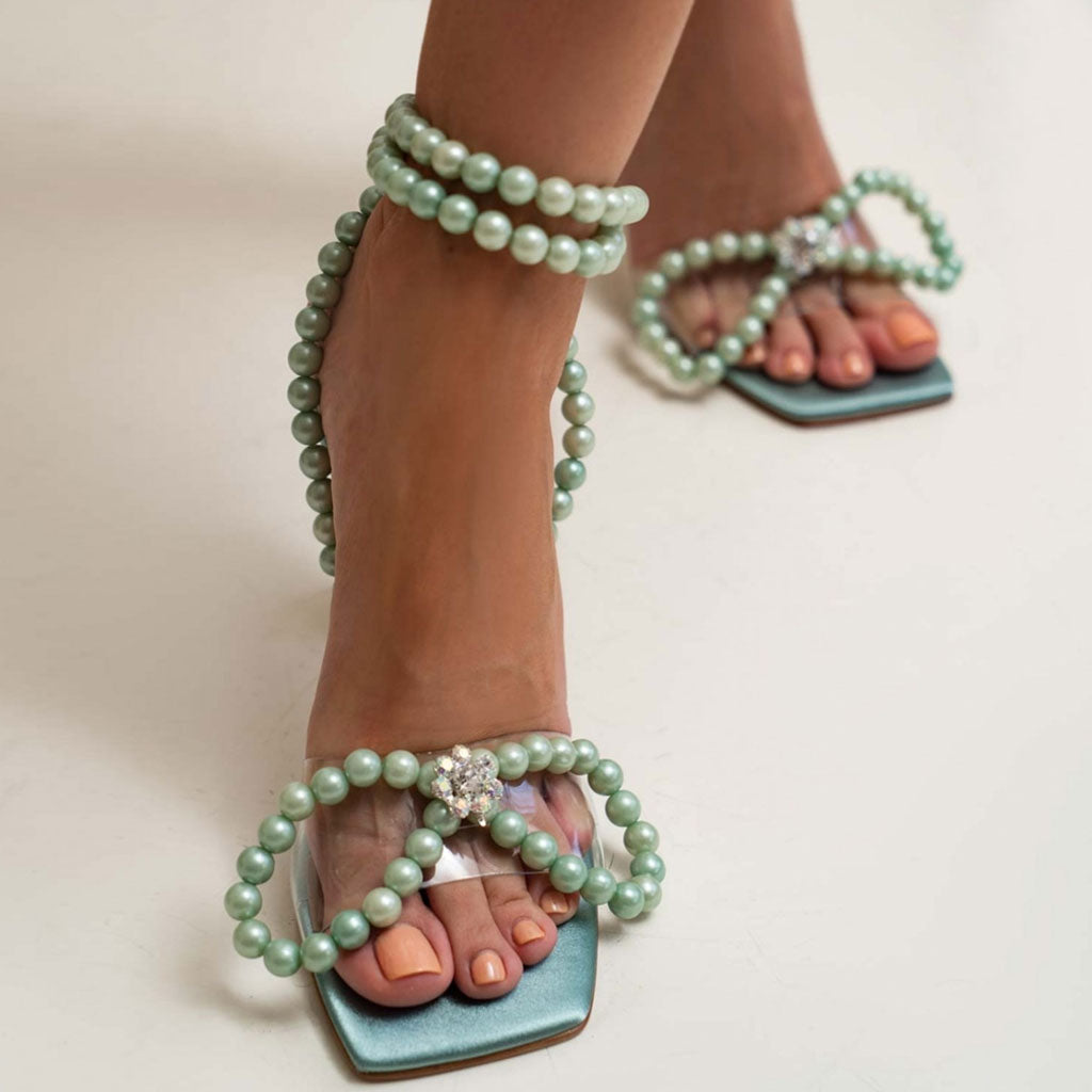 Sandalias de mariposa con tacón alto y tiras de perlas - Verde