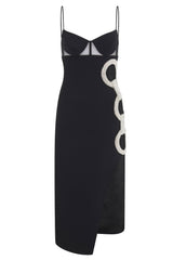 Sparkly Rhinestone Cutout Spaghetti Strap Bandage Midi Dress - Black