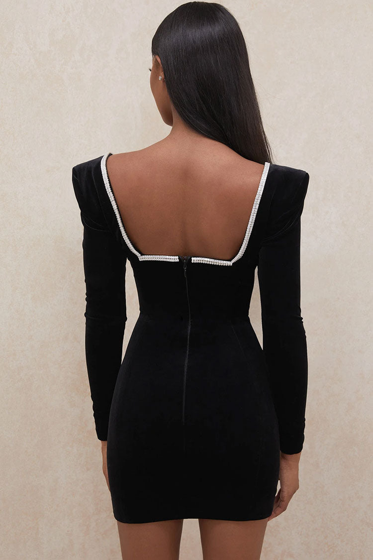 Sparkly Rhinestone Deep V Long Sleeve Velvet Mini Dress - Black