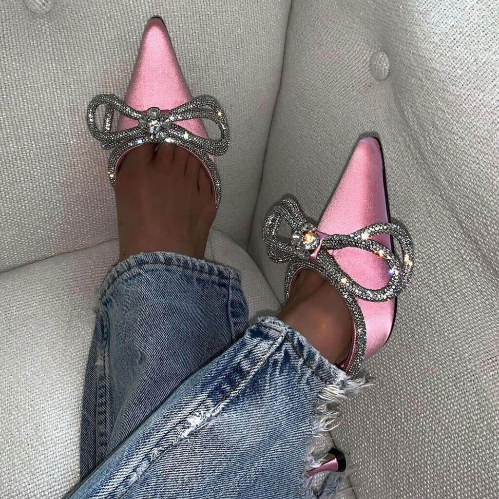 Rhinestone Pointed Toe Ankle Strap Satin Butterfly Heels - Pink