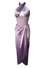 Vestido largo de noche con escote halter, abertura y corsé con ribete de diamantes de imitación brillantes - Morado