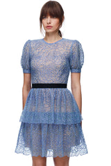 Sparkly Sequin Floral French Mesh Ruffle Tiered Mini Dress - Blue