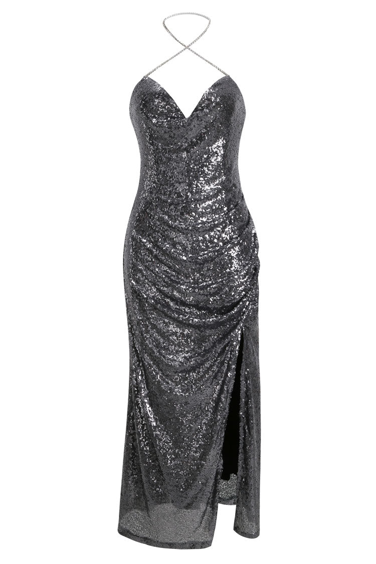 Vestido largo de noche con cuello halter, abertura alta y lentejuelas brillantes - Plateado