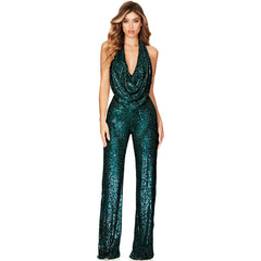 Sequin Halter Cowl Neck Wide Leg Backless Jumpsuit - Emerald Green