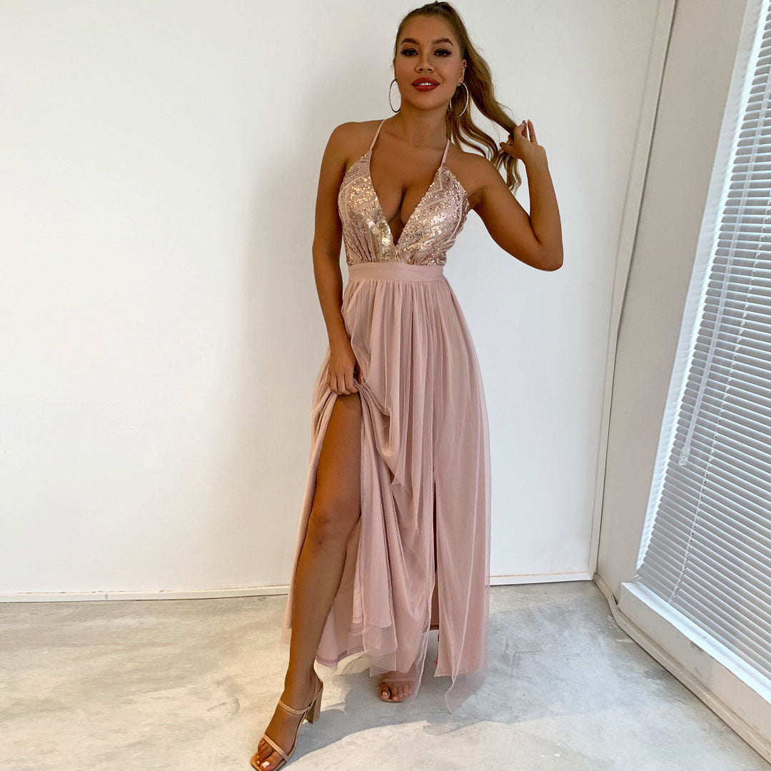 Sequin Panel Mesh Deep V Backless Evening Maxi Dress - Champagne