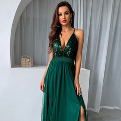 Sequin Panel Mesh Deep V Backless Evening Maxi Dress - Emerald Green