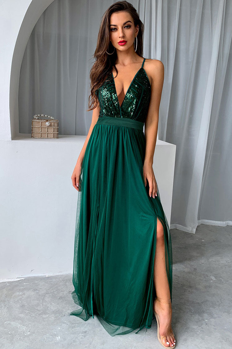 Vestido largo de noche con escote en V profundo, abertura alta y espalda descubierta, con lentejuelas brillantes - Verde