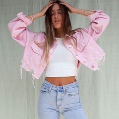 Street Long Sleeve Button Up Frayed Crop Denim Jacket - Pink