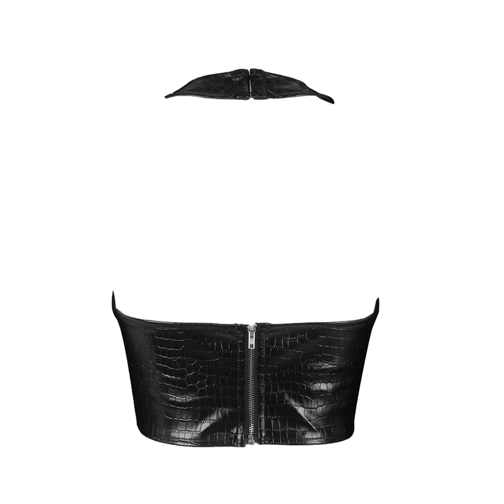 Crop Top aus Leder mit Kroko-Prägung und Neckholder - Schwarz