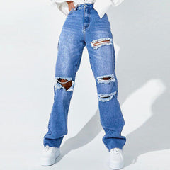 Cut Out High Waist Frayed Straight Leg Jeans- Blue