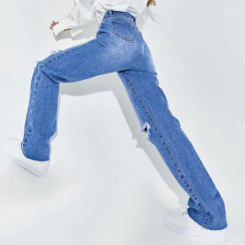 Cut Out High Waist Frayed Straight Leg Jeans- Blue