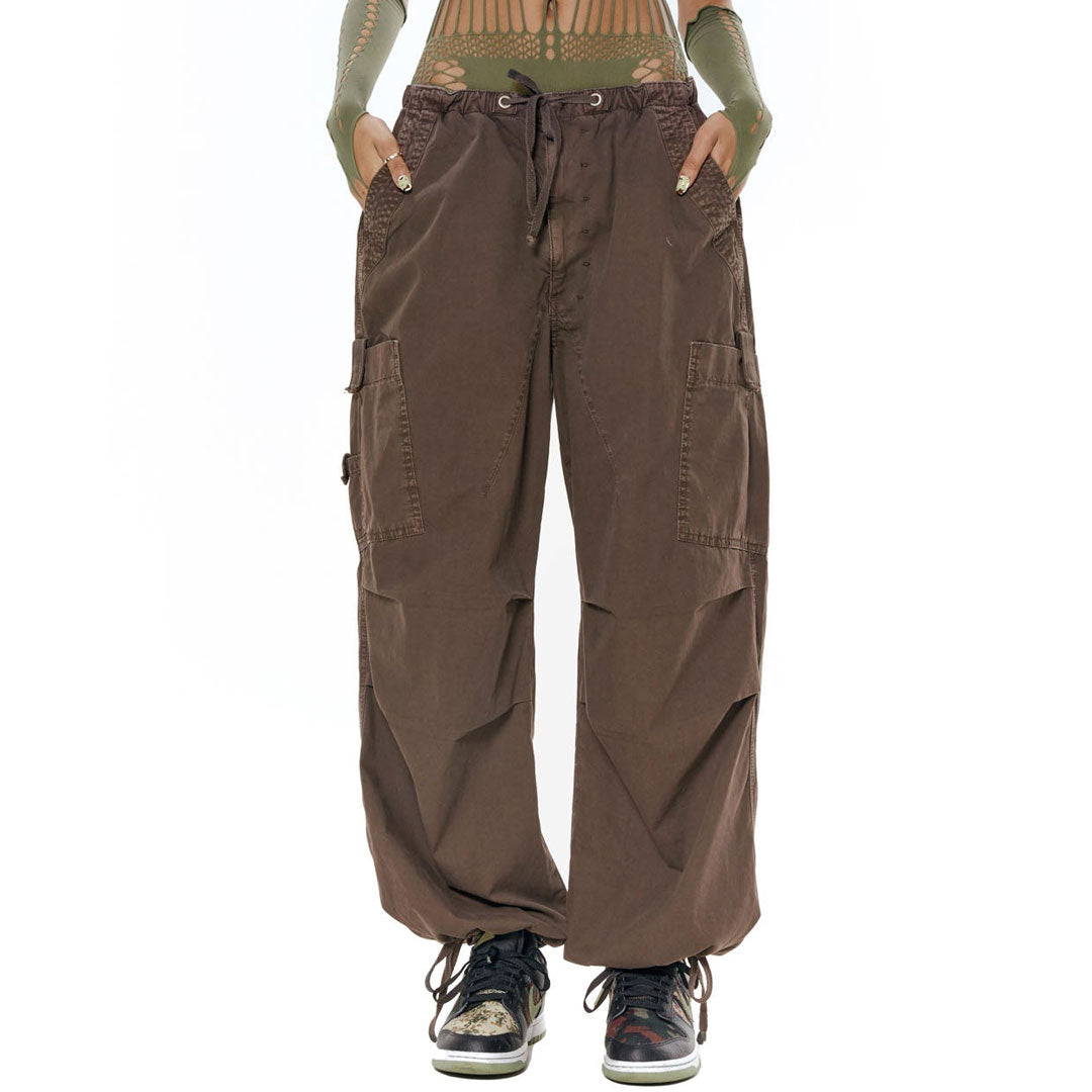 Drawstring Multi Pocket Wide Leg Baggy Cargo Pants - Brown