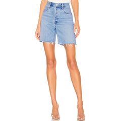 High Waist Frayed Bermuda Denim Shorts - Blue