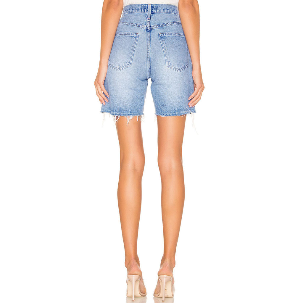 High Waist Frayed Bermuda Denim Shorts - Blue