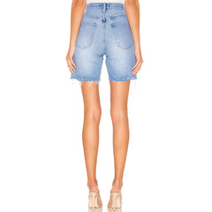 High Waist Frayed Bermuda Denim Shorts - Blue