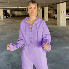 Lace Up Hooded Drop Shoulder Long Sleeve Jumpsuit - Purple