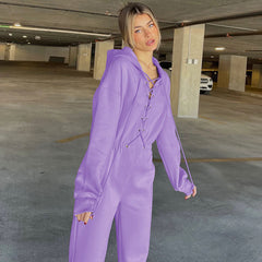 Lace Up Hooded Drop Shoulder Long Sleeve Jumpsuit - Purple