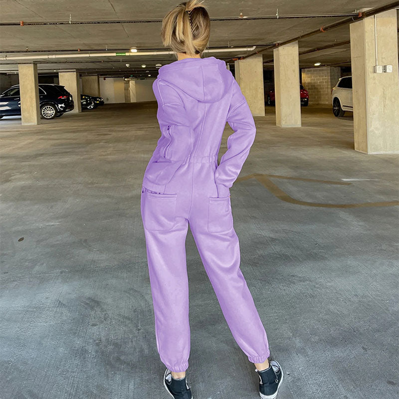 Lace Up Hooded Drop Shoulder Long Sleeve Jumpsuit - Purple