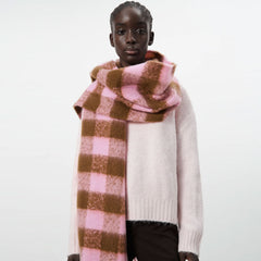 Two Tone Brushed Fringe Narrow Plaid Scarf - Pink