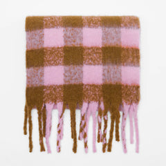 Two Tone Brushed Fringe Narrow Plaid Scarf - Pink