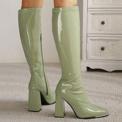 Square Toe Patent Leather Block Heel Knee High Boots - Olive Green