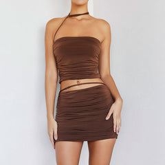 Choker Ruched Sleeveless Crop Top Mini Skirt Matching Set - Brown