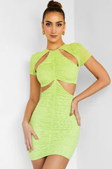 Stylish Short Sleeve Bodycon Ruched Cutout Club Mini Dress - Green