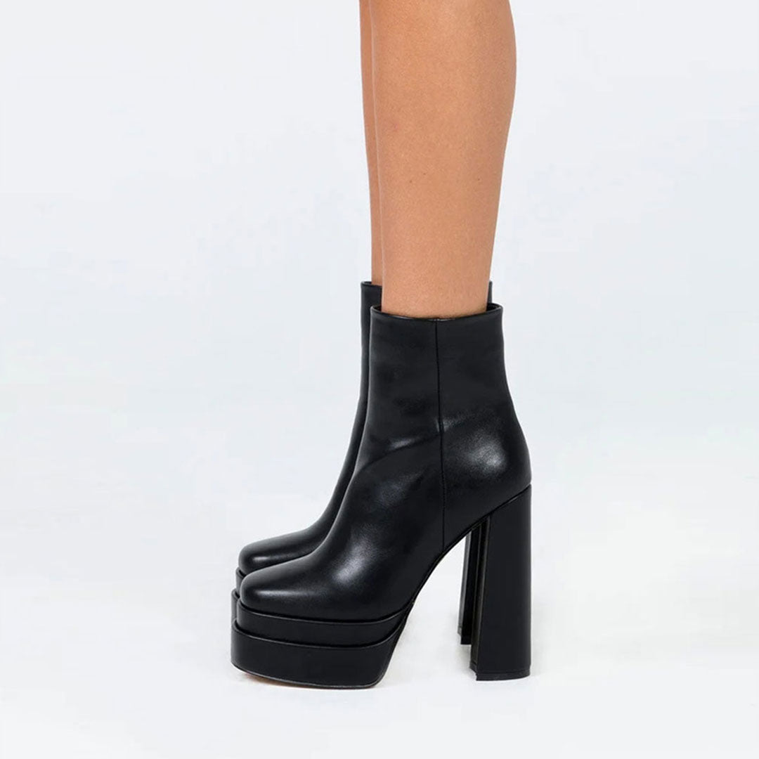 Square Toe Side Zip Platform Block Heel Mid Calf Boots - Black