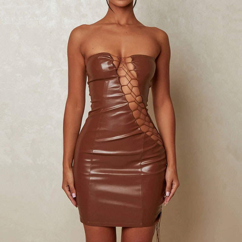 Strapless Lace Up Cut Out Bodycon Club Mini Dress - Brown