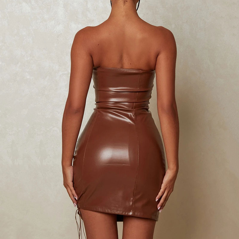 Strapless Lace Up Cut Out Bodycon Club Mini Dress - Brown