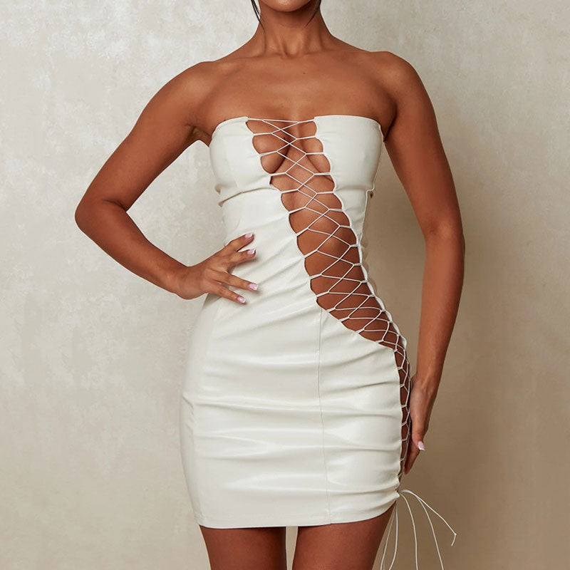 Strapless Lace Up Cut Out Bodycon Club Mini Dress - White