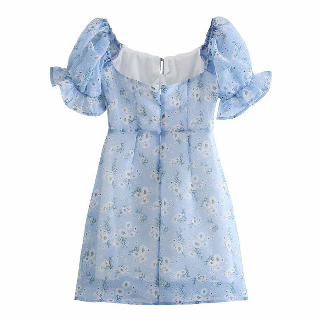 Sommerliches, gebundenes Bustier-Minikleid mit Puffärmeln und figurbetontem Schnitt - Blau