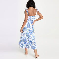 Summery Ruffle Trim Floral Printed Tie Strap Midi Sundress - Blue