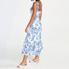 Summery Ruffle Trim Floral Printed Tie Strap Midi Sundress - Blue