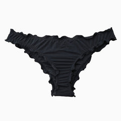 High Cut Ruched Ruffle Trim Bikini Scrunch Bottom - Black