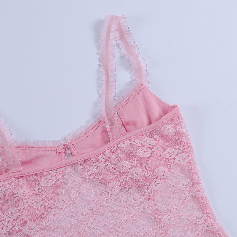 Kurzes Tanktop mit U-Ausschnitt und transparenter Spitze - Rosa