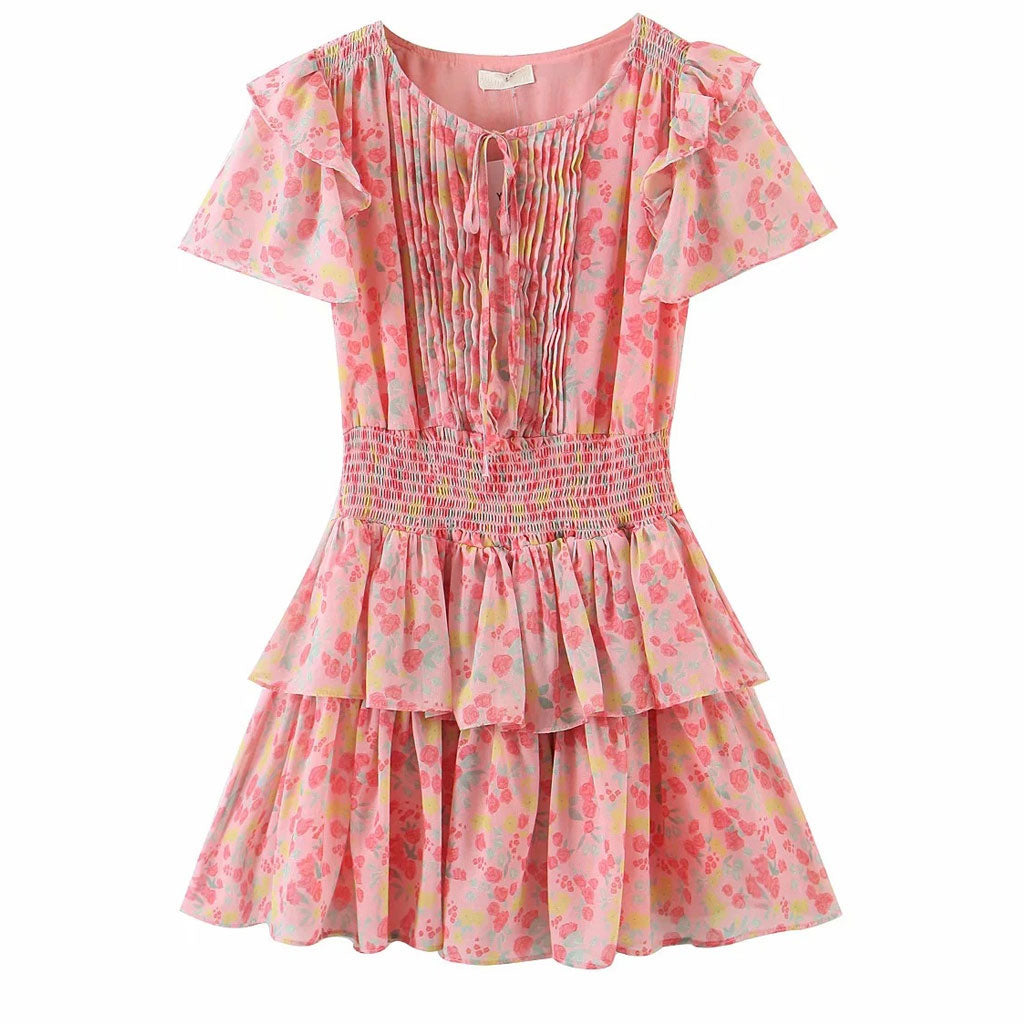 Minivestido con estampado floral y volantes escalonados - Rosa