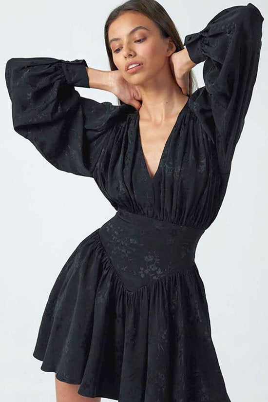 Swingy Floral Jacquard Fit & Flare Long Sleeve Mini Dress - Black