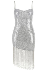Swingy Fringe Sweetheart Spaghetti Strap Sequin Mini Dress - Silver