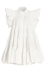 Swingy Puff Sleeve Ruched Ruffle Babydoll Shirt Mini Dress - White