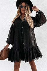 Swiss Dot High Neck Button Down Bishop Sleeve Mini Babydoll Dress - Black