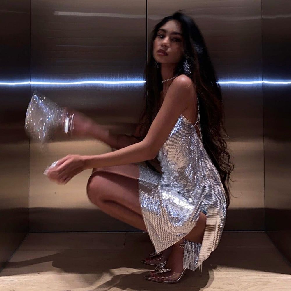 Self Love Metallic Mesh Crystal Straps Mini Dress